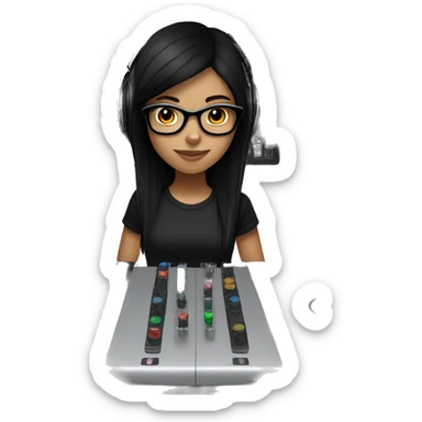 Fair skinned girl with brown eyes and long straight black hair with a black t shirt with glasses on with headphones on mixing on a dj mixer sticker