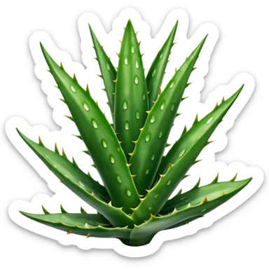 single aloe vera leaf thick fleshy deep green with lighter spots or stripes gently toothed edges long tapered slightly curved smooth waxy surface no pot no cut section soft lighting subtle shadows emoji scale sticker