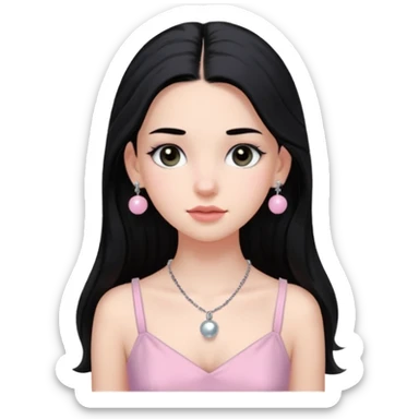 Menina branca ,cabelos longos cor preta , olhos cor preta puxados para cima. Cílios longos, lábios grossos ,nariz pequeno.vestido rosa claro de alça. Colar e brinco bolinha prata pequeno. Jovem de 16 anos  sticker
