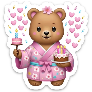 A cute light-brown bear wearing a pastel pink sakura-patterned kimono, normal balanced body ratio.  
Holding a small birthday cake with candles, smiling brightly with confetti and spark effects around.  
Kawaii emoji style, minimalistic clean sticker illustration, white background. sticker