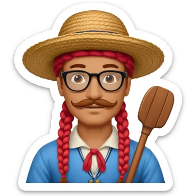 venice gondolier with long red braided hair, iconic hat, normal glassess and mustache sticker