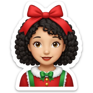 cute girl tan skin, curly black hair chin length, middle part, long eyelashes, cute cheeks, 5'2, outfit croquette style with bows and christmas theme, smiling,  no bangs sticker