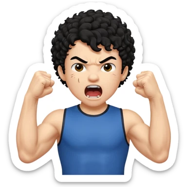 Emoji di ragazzo con capelli neri e ricci che urla e che fa vedere il muscolo del braccio e che fa questo gesto ✊🏻 sticker