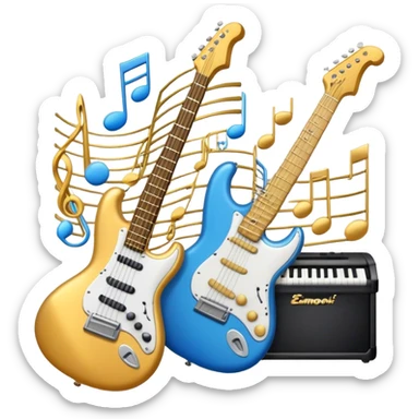 Create an elegant and dynamic emoji that represents music arrangement and orchestration. The design should feature musical notes, a synthesizer, drums, and an electric guitar, symbolizing the diverse instruments used in arranging and orchestrating music. Incorporate flowing lines to represent harmony and rhythm, with a subtle representation of sheet music. Use a combination of vibrant and classic colors like electric blue, gold, and silver, blending the electronic and traditional aspects of arrangement. The background should be transparent. sticker