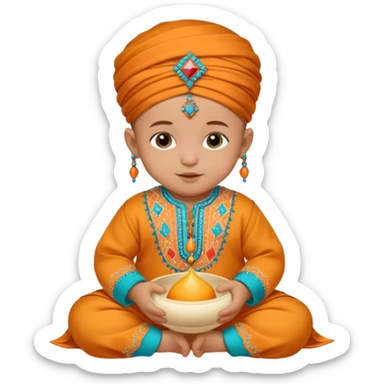  baby, dressed in colorful ghalibiya with delicate decorations, and a traditional Moroccan terbuka sticker