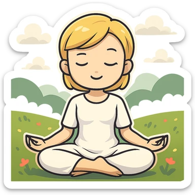 a blonde girl with a short haircut in a white dress sitting in a lotus position and meditating with a background, sticker style sticker