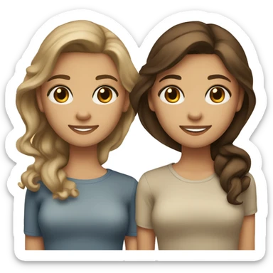 Two girl bestfriends one is brunette with middle to light skin brown eyes, the other one is dark blonde with light skin and blue eyes. Both hairs are a bit wavy but not a lot. They are smiling. sticker