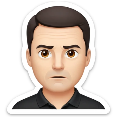 Middle-aged man with strong square face, pronounced jawline, full cheeks, manic energy with intense stare, dark brown eyes, thick raised eyebrows, wide proportional nose, mouth slightly open in disbelief, short dark hair neatly styled, wearing a black polo shirt sticker
