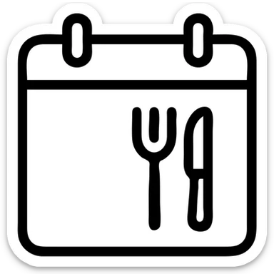 minimalistic bold black-and-white icon, square, flat, no gradients, calendar with a fork and knife in the top right corner inside, clean geometric lines, modern, inspired by Netflix and Lifesum, vector style, suitable for dark and light mode sticker