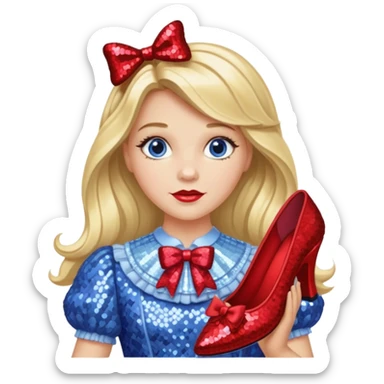 Dorothy Gale from Oz with long blonde hair, periwinkle sequin outfit, red bow sticker