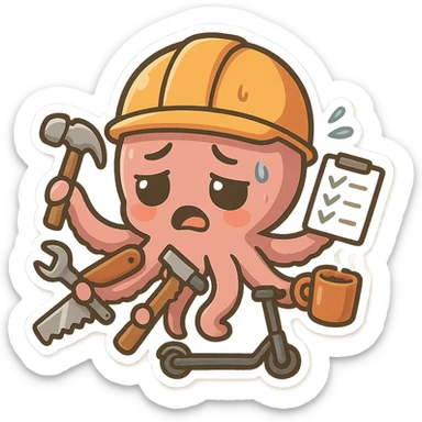 A cartoon octopus worker wearing a helmet, looking exhausted and stressed. The octopus holds a hammer, checklist, wrench, saw, coffee cup, and electric scooter in its tentacles, emphasizing multitasking and feeling rushed. sticker