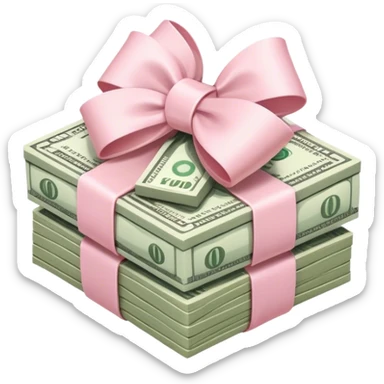stack of money wrapped ina light pink bow sticker