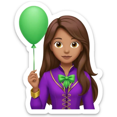 woman with long brown hair and purple costumes, holding green balloon sticker
