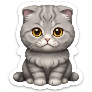 Cinematic-Fluffy-Grey-Scottish-Fold-Cat-Portrait-Emoji – Head tilted cutely with big, sparkling amber eyes, soft solid grey fur, and signature small folded ears pressed gently against its round head, simplified yet irresistibly adorable features, highly detailed, glowing with a soft and warm charm. sticker