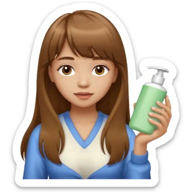 a girl with light skin and medium brown long hair with bangs who is applying lotion to her body sticker
