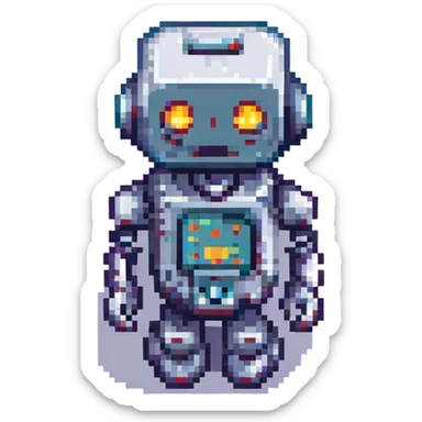 A pixel art robot, designed with blocky, retro graphics, reminiscent of classic video game characters. sticker