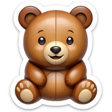 A wooden puzzle toy shaped like a bear with a cute smiling face sticker