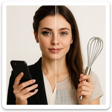 4K hyper realistic split-image of a beautiful woman: left side with elegant makeup, updo, business dress, holding a phone; right side natural, hair down, kitchen apron, holding a whisk, gentle smile, symmetrical, white background, clear contrast sticker