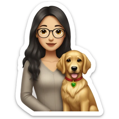 christmas Asian Girl with long glamorous dark brown hair and medium brown eyes and golden eyeglasses holds her pet golden retriever sticker