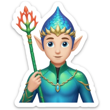male elf in iridescent wetsuit, coral staff. Gills on neck sticker