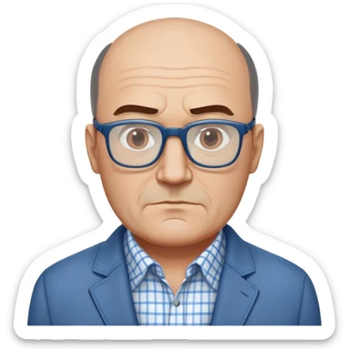 50-year-old heavyset man with wide face and prominent square jawline. Hair only on top of head with completely bald sides (horseshoe pattern baldness). Large dark square glasses. Serious-relaxed expression. Light gray jacket that fits his larger frame, white shirt with blue checkered pattern. sticker