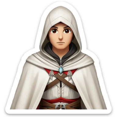icon featuring Assasin's Creed in an iconic assassin's hood, standing tall against the backdrop of Florence. The design captures the essence of adventure, with intricate details of historical architecture and a sense of mystery. The character is poised, ready for action. transparent background. sticker