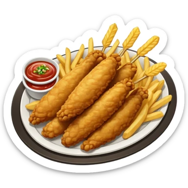 Piezas de pollo frito y papas fritas en baston sobre una bandeja rectangular plateada que contiene papel con patrón de cuadros blancos y negros  sticker