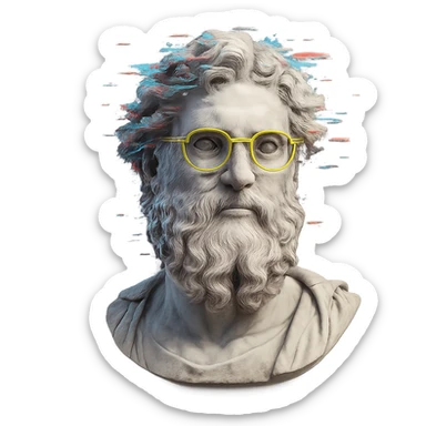 highly detailed Greek marble bust with curly hair and beard, wearing neon yellow round glasses, digital glitch effects around the head, cyberpunk futuristic vibe, centered composition, ultra-detailed, high resolution, soft shadows only, clean edges, transparent background sticker