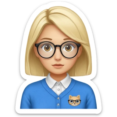 ragazza bionda vestita con camicia e maglione, con occhiali, occhi azzurri che è seduta al pc portatile sticker