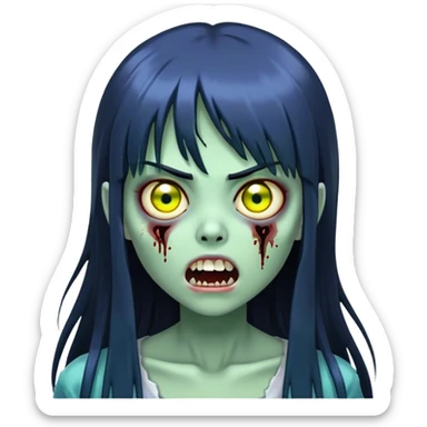 garota zumbi com Pele esverdeada ou azulada. Olhos grandes e amarelados. Cabelo preto, liso e longo, com franja reta. com a boca aberta mostrando dentes escuros. Aparência semelhante a figuras de terror, como fantasmas ou espíritos japoneses. sticker