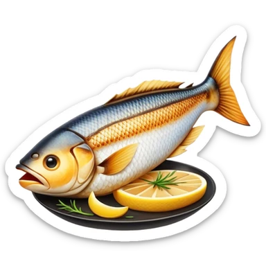 Gradele Cinematic Realistic Gradele Dish Emoji, depicted as 2 perfectly grilled fish with prominent grill marks and a smoky finish, rendered with vivid textures and dynamic, natural lighting. sticker