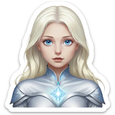 Cinematic, Ultra realistic 32k HD, Breathtaking piece of art, rim lighting, hauntingly beautiful woman with platinum blond hair and gorgeous blue eyes, art, mostly greyscale, Balanced features, highly detailed digital artwork, glowing with silver light, glowing, high shine, deviant adoptable, highly detailed clothing, remembrance, a painting of white silver, fanciful, enchanting, ghostly, embodying the essence of both reality and fantasy, dreamy, dreamy glow, optical illusion, immaculate composition, complex pose, air composition. The image is so lifelike that it feels as though it could leap off the canvas at any moment sticker