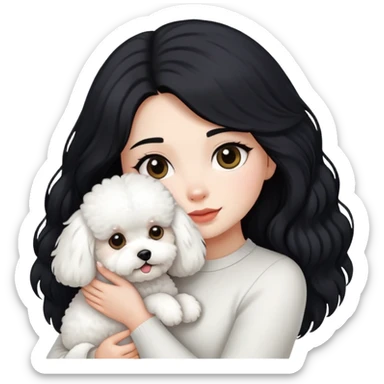 A girl with long black hair holding a bichon sticker