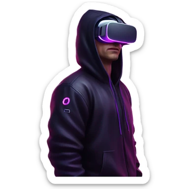 Russian man wearing a black hoodie with "OMG" letters on it and VR headset in a cyberpunk VR environment with violet neon lighting. sticker