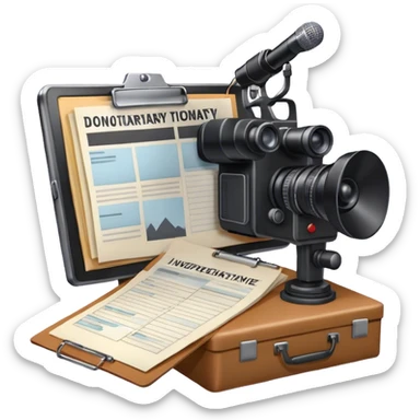 Icon for Documentary Film: A TV show-style design with a large screen displaying a documentary scene. Include papers, a clipboard, and files scattered around, along with a microphone and camera. The design should evoke a news or investigative TV program vibe. Transparent background. sticker