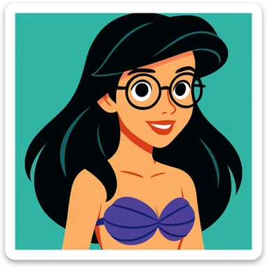 Upper body of Ariel, the Little Mermaid, with black hair and thin round Miu Miu glasses sticker