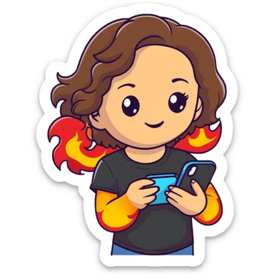 brunette girl with wavy medium length hair, brown eyes, light/medium skin tone, holding iPhone and light phone, wearing black tee shirt with flames on it and colorful beaded charm necklace sticker