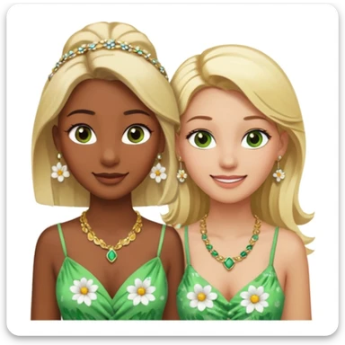 There will be two young women. One with dark brown skin, brown eyes, blonde hair, wearing a lot of necklaces and earrings. The other woman with green eyes, white skin, blonde hair, wearing a necklace and earrings, both wearing flowery dresses. sticker