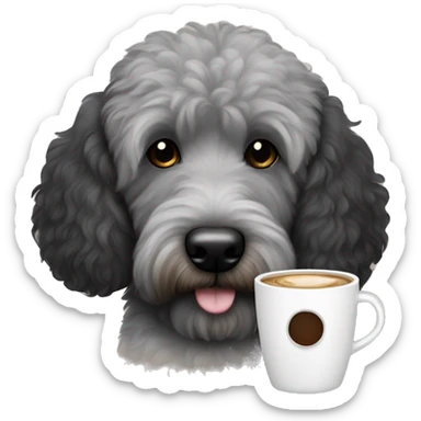 Black and gray goldendoodle dog with black ears and brown eyes with coffee cup  sticker