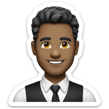 Portrait of an adult smiling man, light skin, bold black-gray ombre hair, black eyes, wearing a black office suit and a white collared shirt underneath. sticker