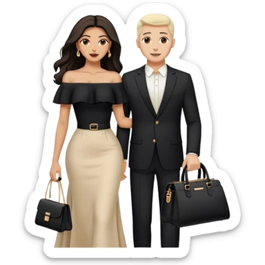 the Lebanese white skinned man dressed in all black, and the Palestinian woman in an elegant off-shoulder cream-colored outfit with a matching handbag. sticker