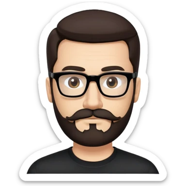 Caucasian male, medium-length straight dark brown hair combed back, thick dark eyebrows, rectangular black eyeglasses, full beard and mustache neatly groomed, neutral facial expression, wearing a black crew neck shirt. sticker