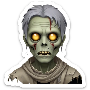 Cinematic Noble Zombie Portrait Emoji, Surprisingly dignified and somber, with a decaying yet strangely regal visage in ashen grays and muted tones, draped in tattered attire hinting at a lost grandeur, simplified yet meticulously detailed, glowing with a soft, eerie radiance and a gentle outline that evokes the tragic nobility of the undead! sticker
