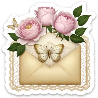 A delicate still life of an aged love letter sealed with golden wax, placed on a vintage lace doily, accompanied by a bouquet of pale pink roses and white peonies, with a shimmering pearl butterfly resting on the envelope. sticker
