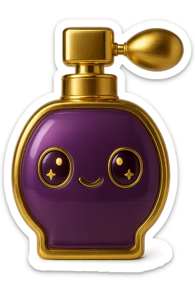 Make this purple perfume bottle look more luxurious with elegant details and add gold accents. Keep the background transparent. sticker