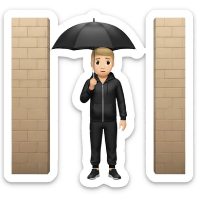 Guy standing against wall holding umbrella in rain  with a black jogging suit looking confused sticker