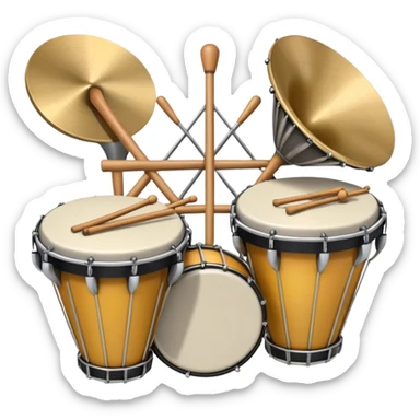 Create a heraldic, festive, and professional emblem-like emoji representing percussion instruments. The design should resemble a traditional crest, featuring a variety of percussion instruments such as cymbals, triangle, tambourine, maracas, timpani, bongo drums, and other traditional folk percussion instruments. Arrange them symmetrically, with cymbals crossing each other, the triangle at the center, and timpani or bongo drums flanking the sides. Include tambourines and maracas prominently, adding rhythm and texture. A flowing ribbon of musical notes should elegantly weave through the instruments, enhancing the sense of movement and celebration. Add intricate decorative patterns on the instruments, along with ornamental swirls, laurels, or flourishes to elevate the festive and heraldic feel. The overall composition should be balanced, harmonious, and visually striking, with an elegant and professional look. The background should be transparent. sticker