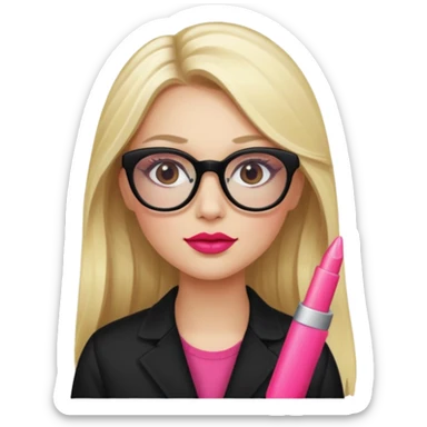 A blonde woman, long hair and long eye lashes, red blushes and little pink lipstick and highlighter, lipgloss, black glasses sticker