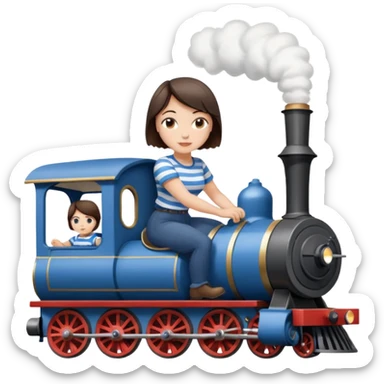 Pretty, sexy, slightly curvy white woman with short dark brown hair, wearing a blue and white striped tee shirt, riding a steam train sticker