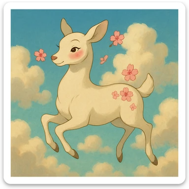 feminine adult vanilla cloud doe, floating gracefully with rosy cheeks and cherry flowers, in a soft, magical Ghibli-Pixar style sticker